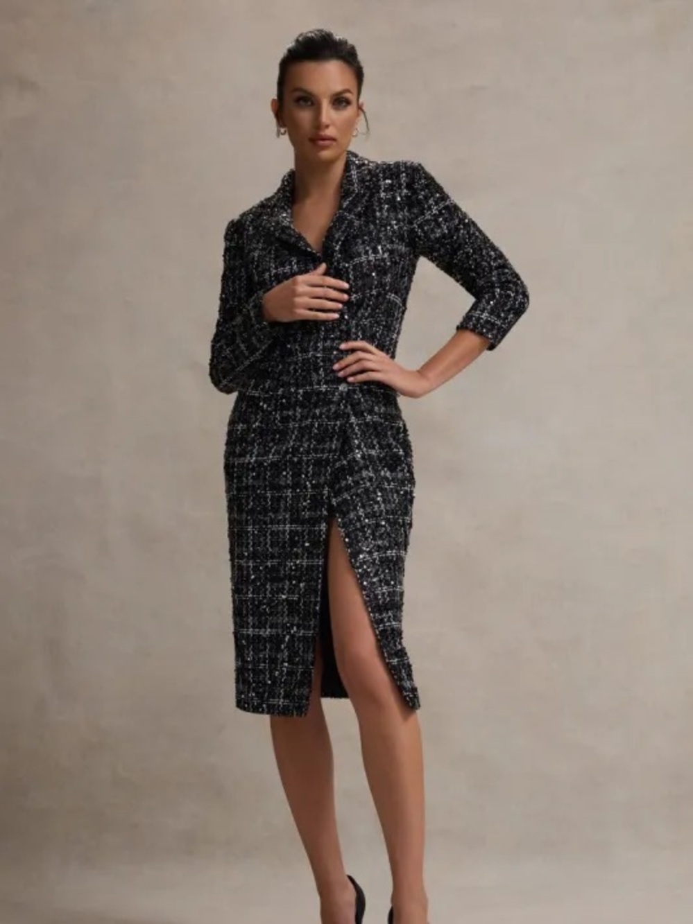 Club London Black Boucle Tallored Blazer Midi